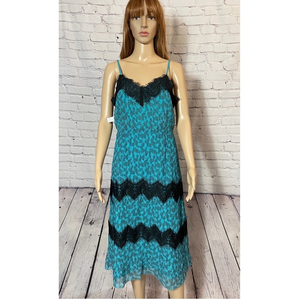 NWT New Anthropologie FOXIEDOX Teal Pleated Black Lace Dress Size M